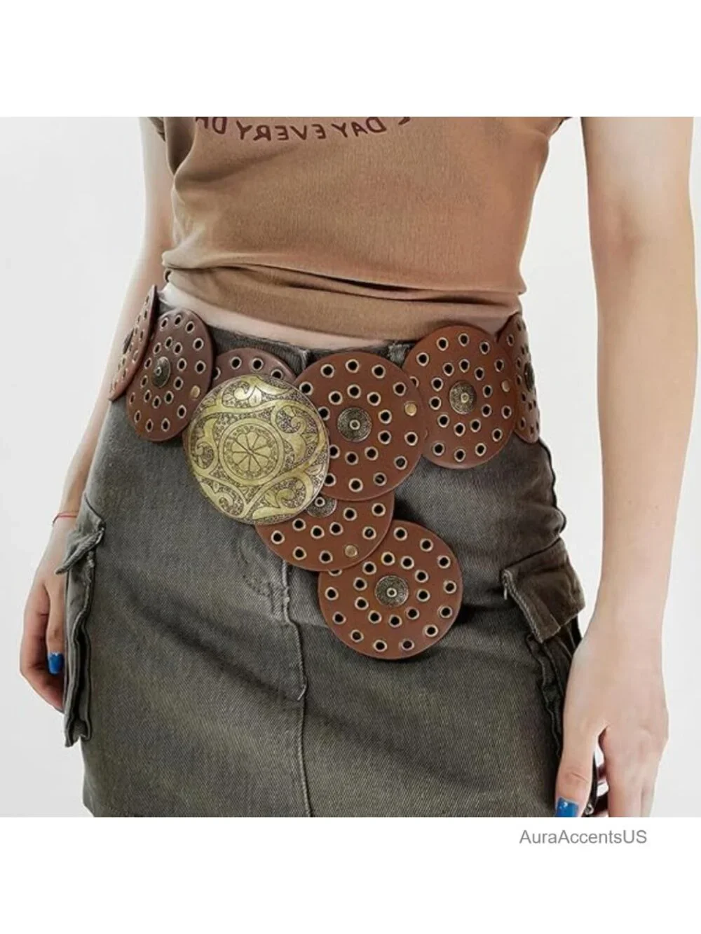 Western Leather Belt with Concho Buckle for Women Cowgirl Boho